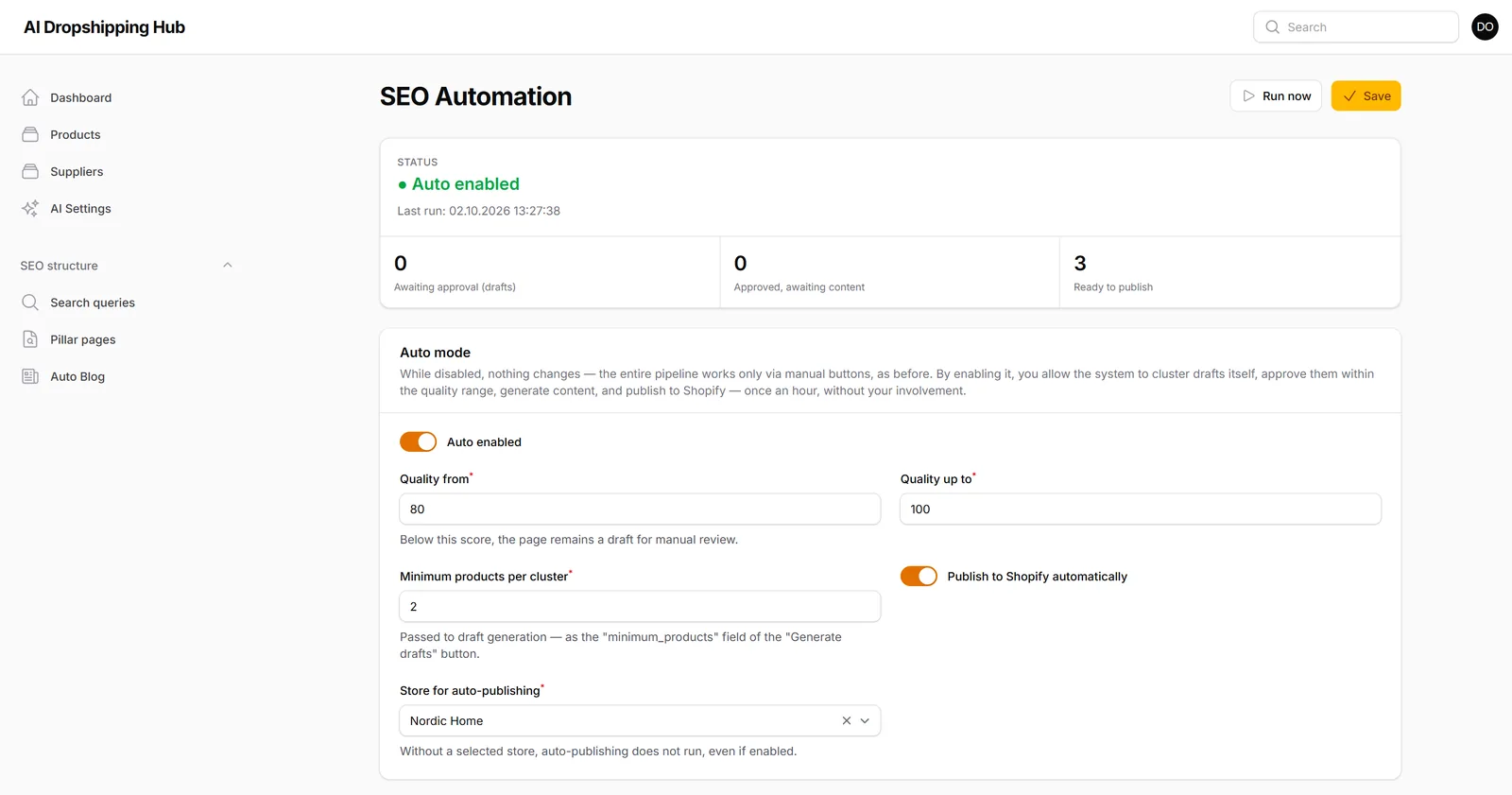 SEO automation settings with auto mode enabled