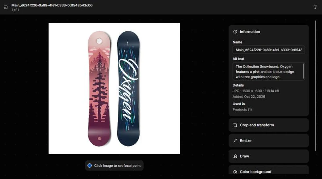 A product image in Shopify with an AI-written ALT text