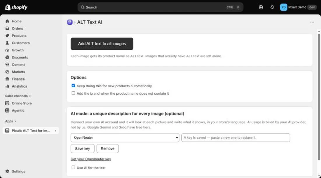 Pixalt main screen with the Add ALT text to all images button and options