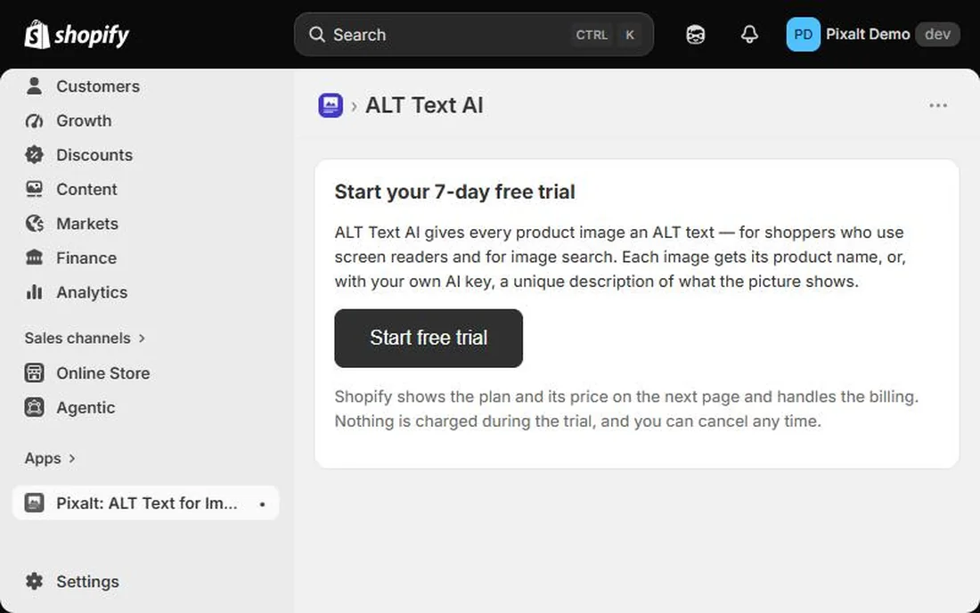 Pixalt start screen: Start your 7-day free trial